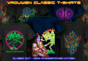 Psytrance vrouwen t-shirt met zwart licht neon print.